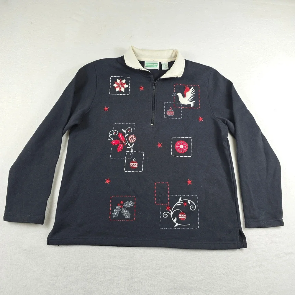 Shenanigans‎ Womens Large Embroidered Christmas Quarter Zip Pullover Sweater